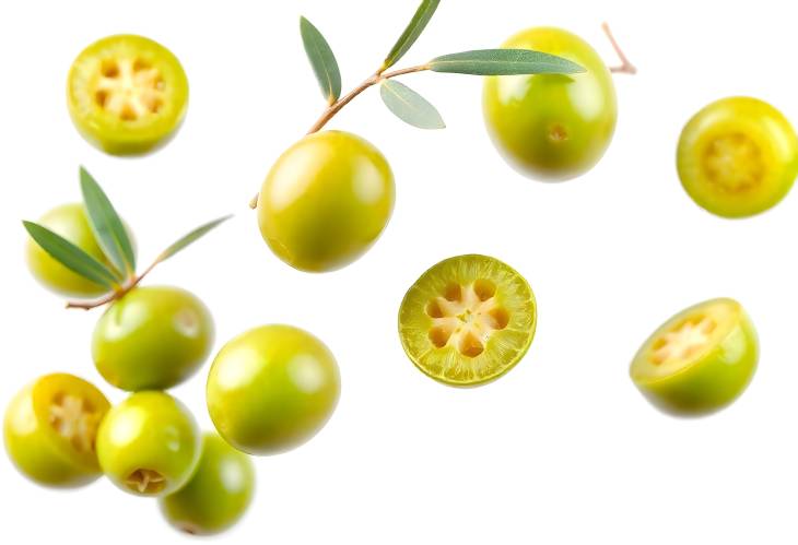 Green Olives in Flight Against White Background